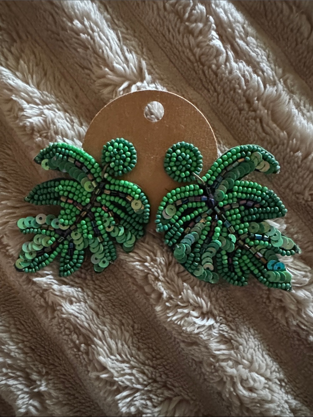 Green Beaded Leaf Statement Earrings